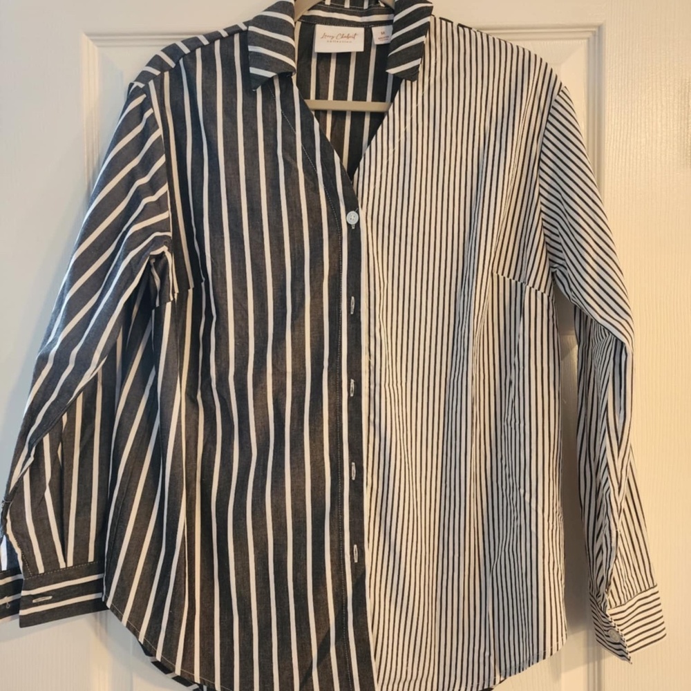 Lacey Chabert Mixed Stripe Button-Down Top Black/White